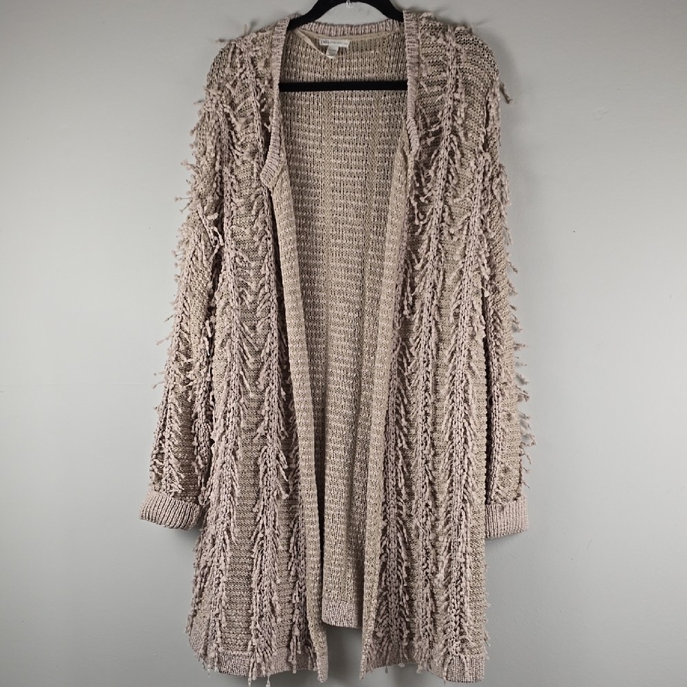 Cato Beige Textured Fringe Shag Open-Front Cardigan sweater